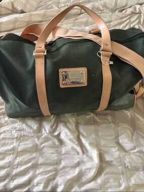 JM New York Olive Green and Tan Leather-Trim Duffel Bag